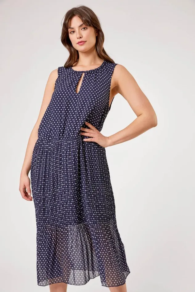 Navy Curve Spot Print Pleated Midi Dress Women Roman Dresses
