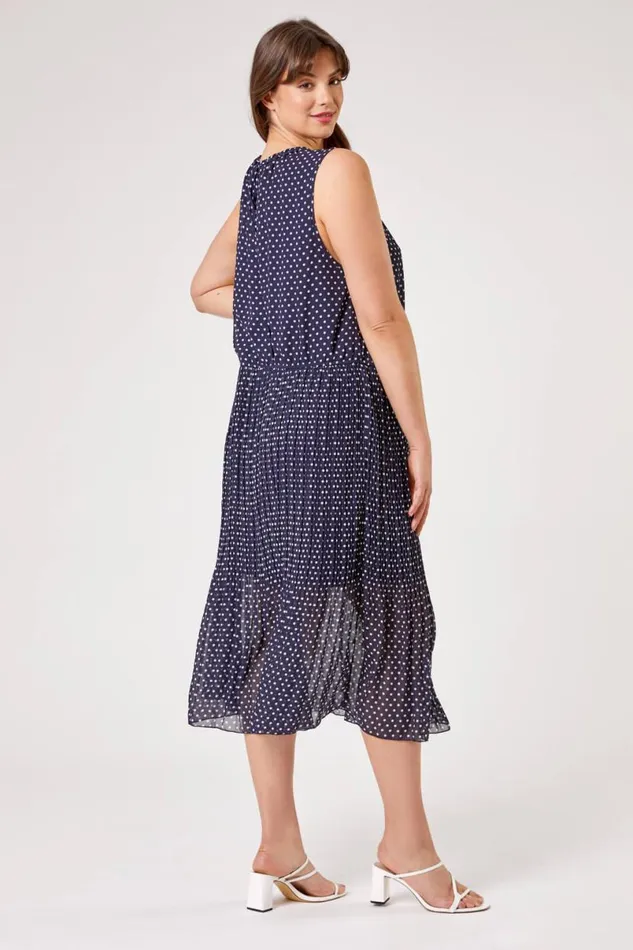 Navy Curve Spot Print Pleated Midi Dress Women Roman Dresses
