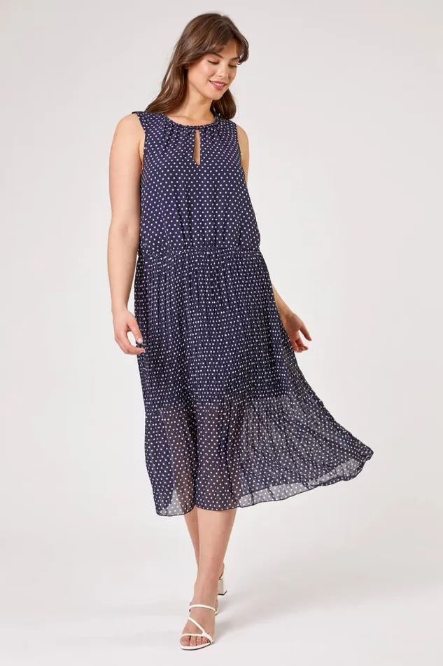 Navy Curve Spot Print Pleated Midi Dress Women Roman Dresses