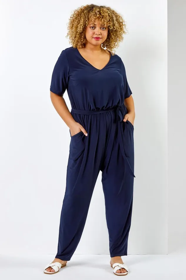 Navy Curve Tie Waist Jersey Jumpsuit Women Roman Dresses
