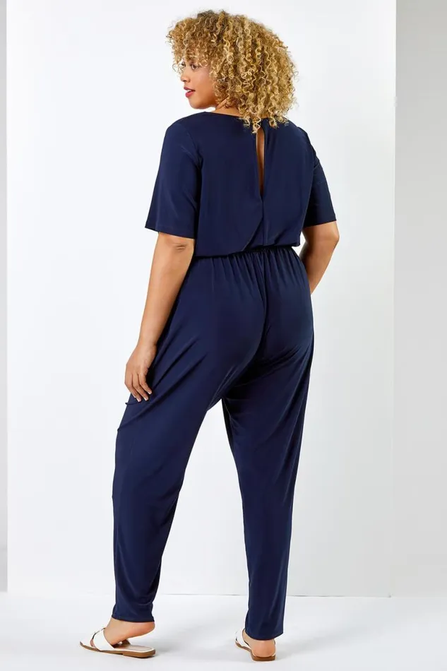 Navy Curve Tie Waist Jersey Jumpsuit Women Roman Dresses