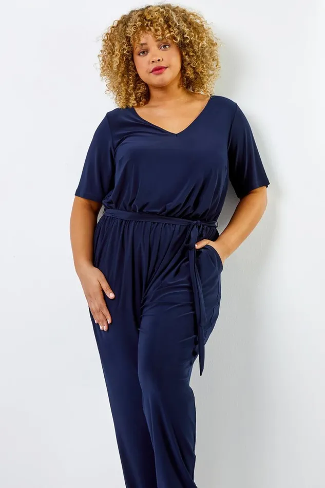 Navy Curve Tie Waist Jersey Jumpsuit Women Roman Dresses