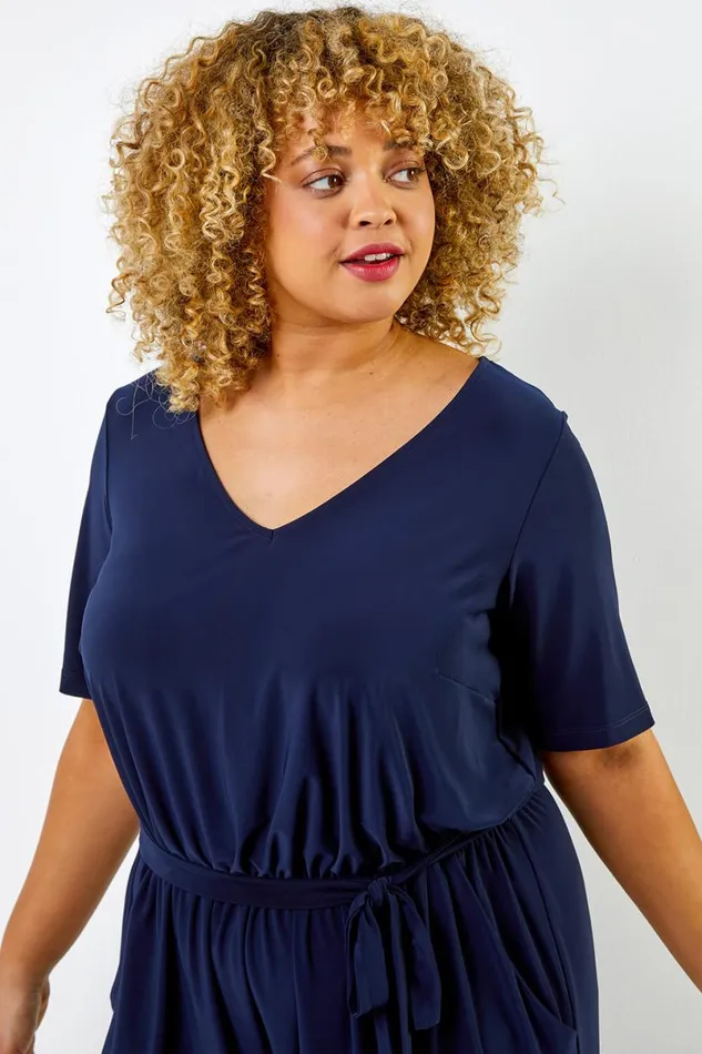 Navy Curve Tie Waist Jersey Jumpsuit Women Roman Dresses