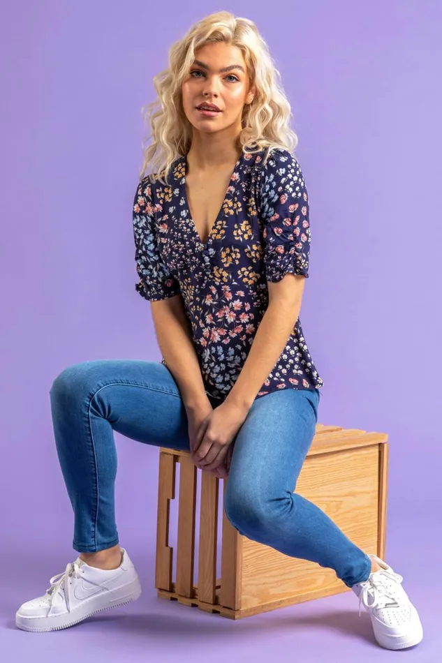 Navy Ditsy Floral Tea Top Women Roman Tops