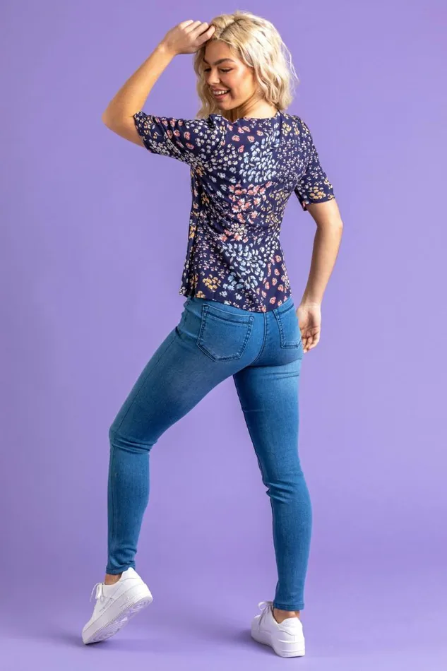 Navy Ditsy Floral Tea Top Women Roman Tops