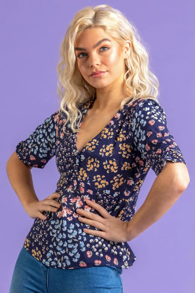 Navy Ditsy Floral Tea Top Women Roman Tops