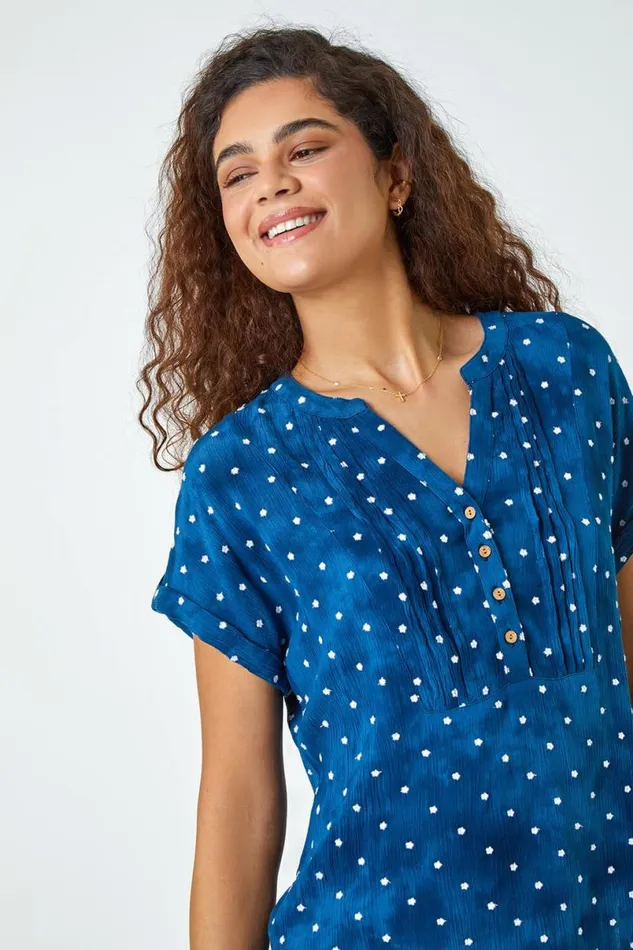 Navy Embroidered Polka Dot Print Top Women Roman Tops