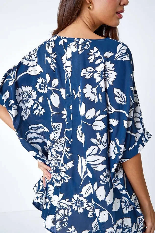 Navy Floral Print Button Back Top Women Roman Tops