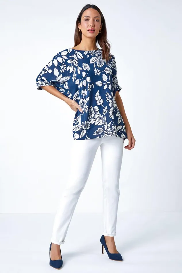 Navy Floral Print Button Back Top Women Roman Tops