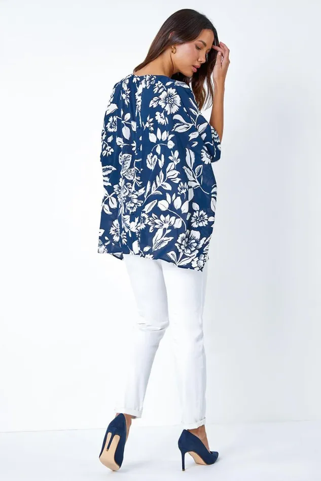 Navy Floral Print Button Back Top Women Roman Tops