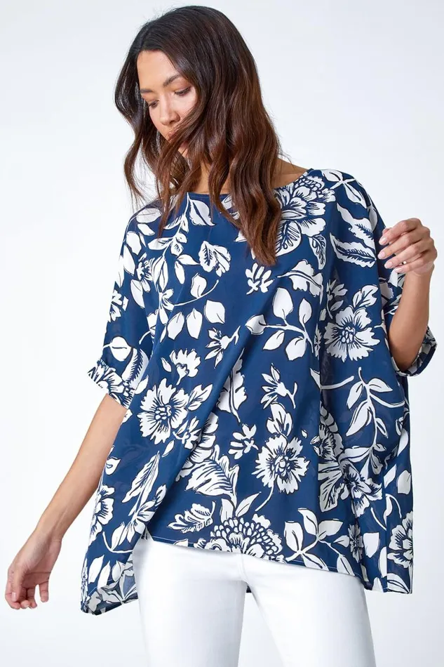Navy Floral Print Button Back Top Women Roman Tops