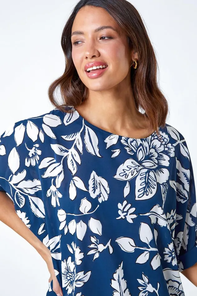 Navy Floral Print Button Back Top Women Roman Tops