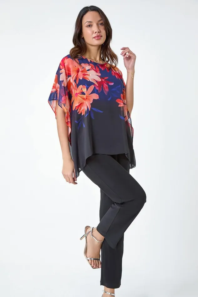 Navy Floral Print Chiffon Overlay Jumpsuit Women Roman Dresses