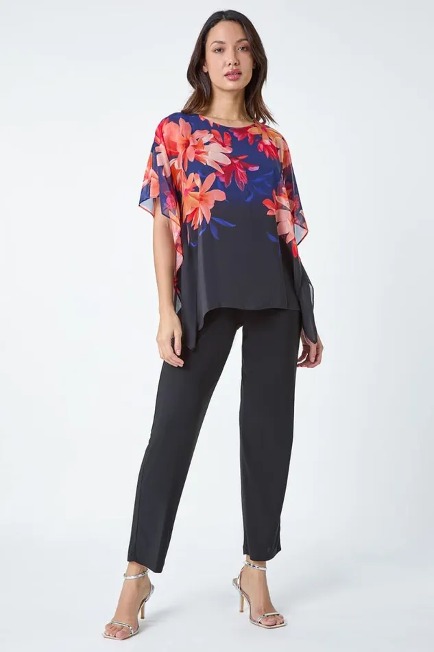 Navy Floral Print Chiffon Overlay Jumpsuit Women Roman Dresses