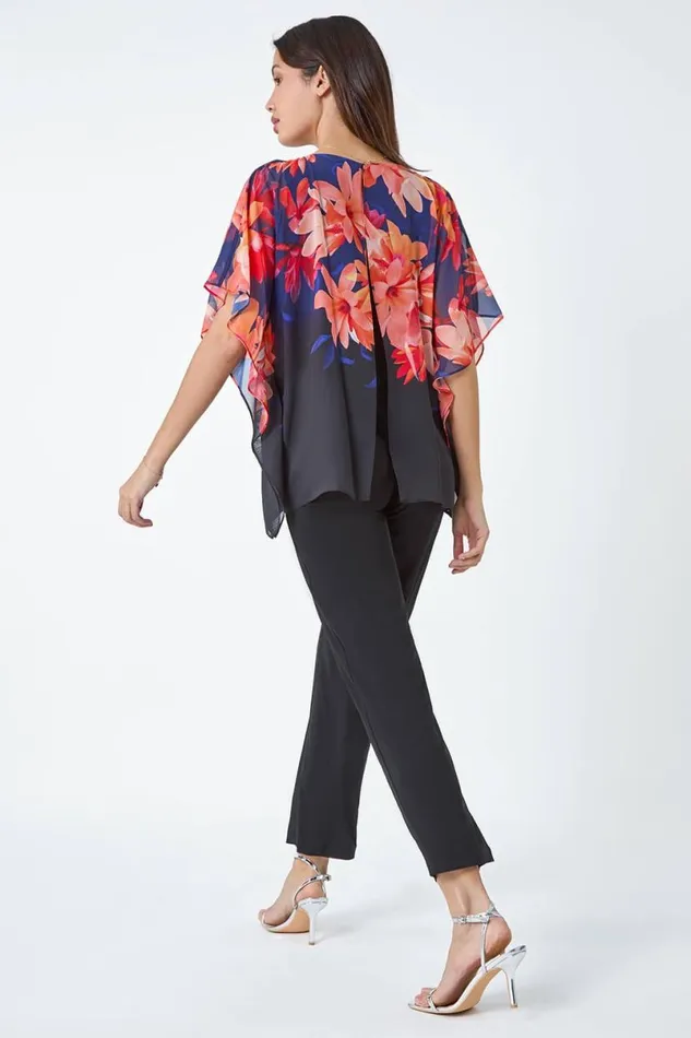 Navy Floral Print Chiffon Overlay Jumpsuit Women Roman Dresses