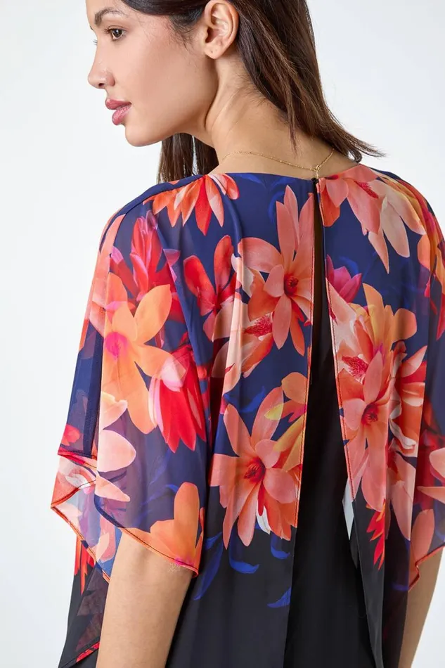 Navy Floral Print Chiffon Overlay Jumpsuit Women Roman Dresses