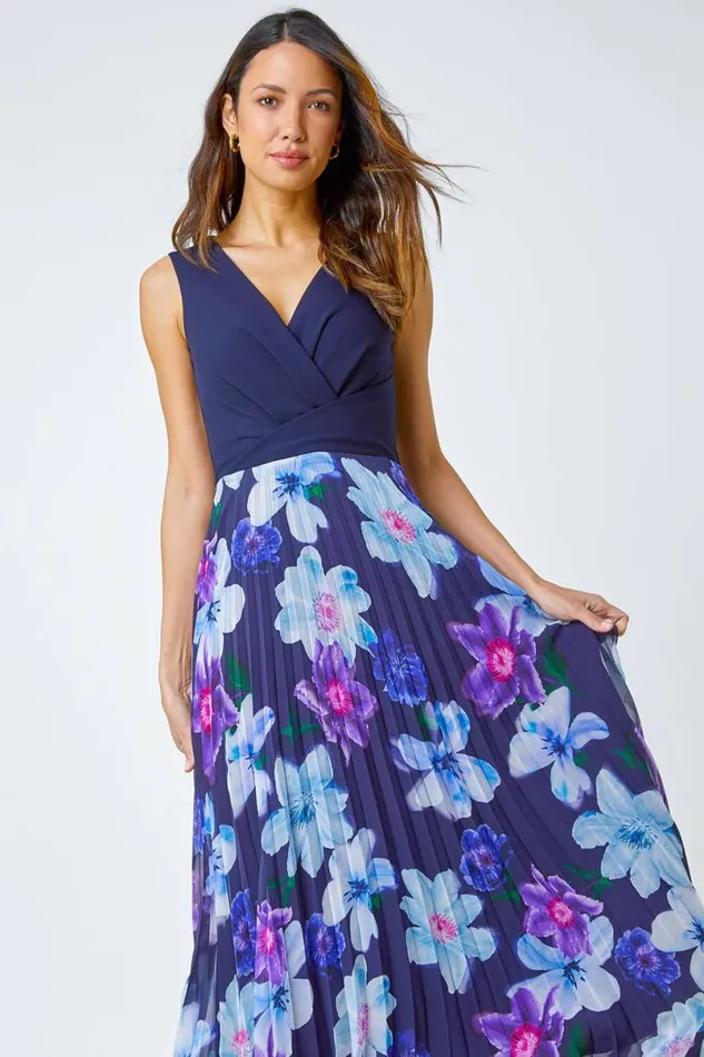 Navy Floral Print Pleated Chiffon Maxi Dress Women Roman Dresses
