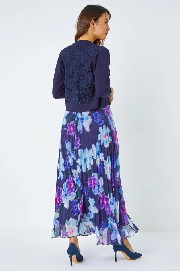 Navy Floral Print Pleated Chiffon Maxi Dress Women Roman Dresses