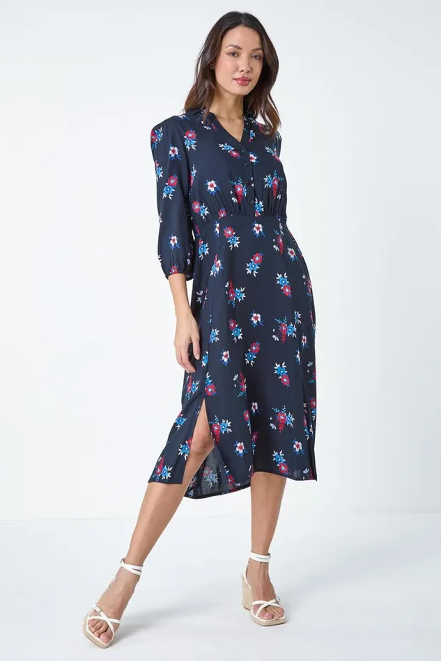 Navy Floral Print Shirt Dress Women Roman Dresses