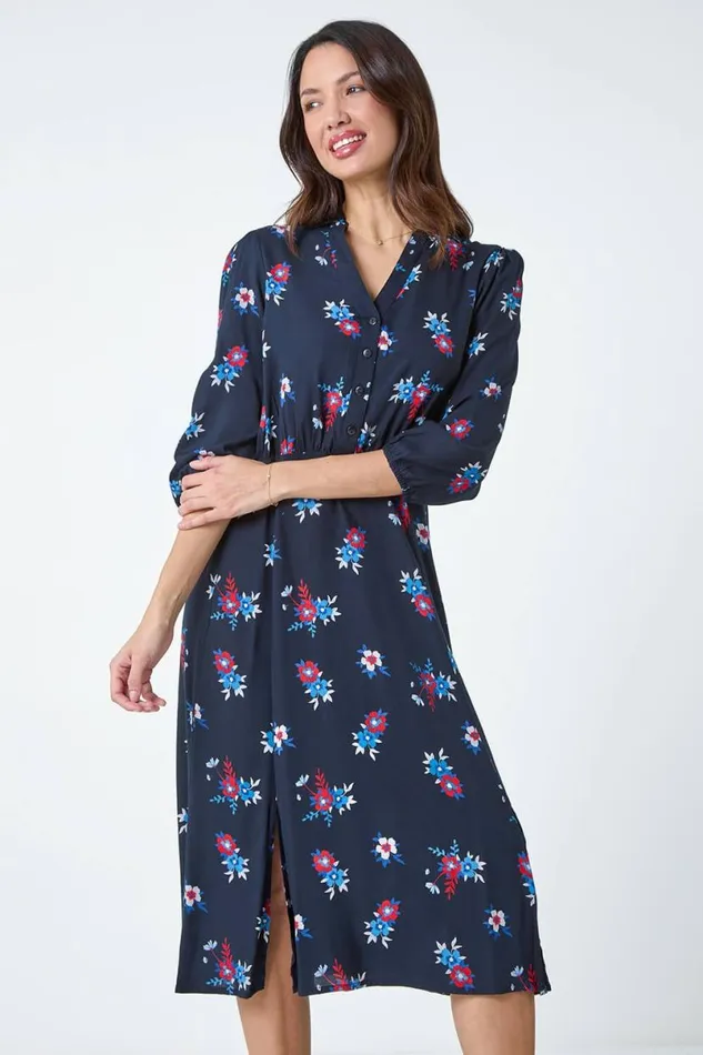 Navy Floral Print Shirt Dress Women Roman Dresses