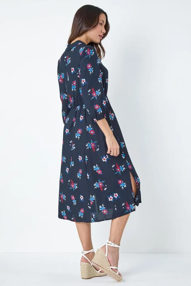Navy Floral Print Shirt Dress Women Roman Dresses