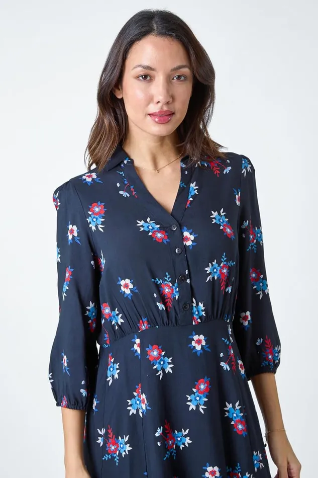 Navy Floral Print Shirt Dress Women Roman Dresses