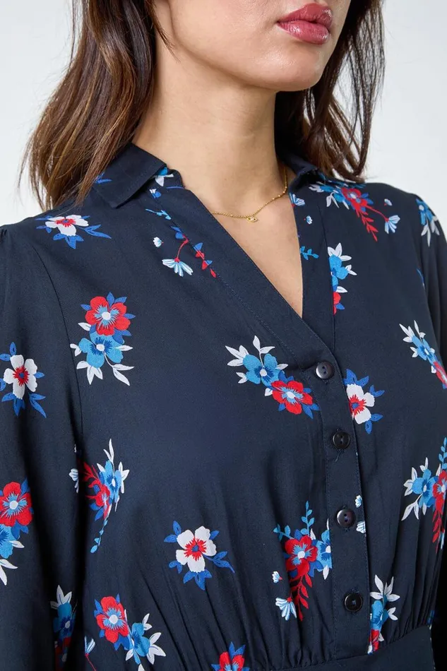 Navy Floral Print Shirt Dress Women Roman Dresses