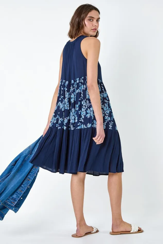 Navy Floral Print Tiered Smock Dress Women Roman Dresses