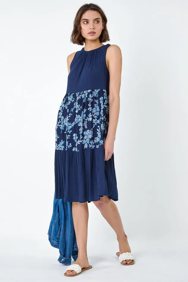 Navy Floral Print Tiered Smock Dress Women Roman Dresses