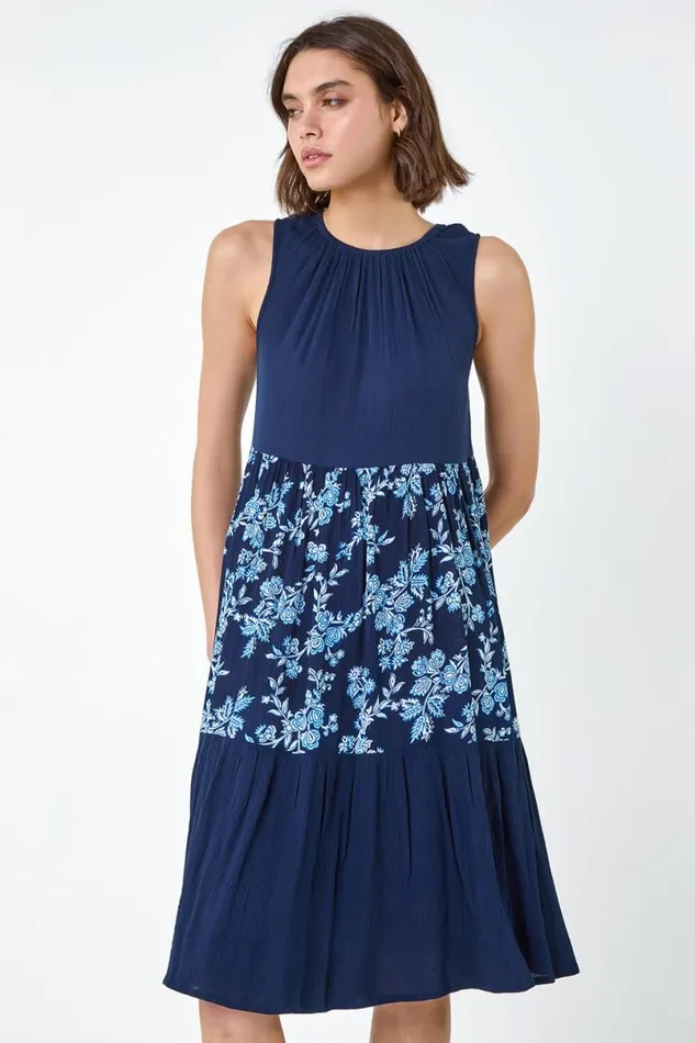 Navy Floral Print Tiered Smock Dress Women Roman Dresses