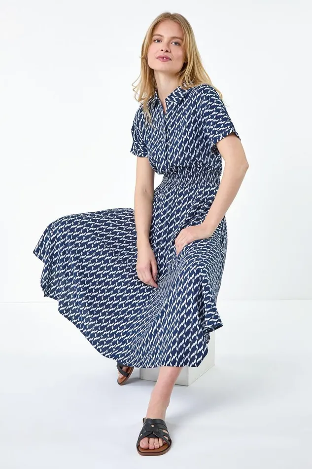 Navy Hanky Hem Printed Pocket Shirt Dress Women Roman Dresses