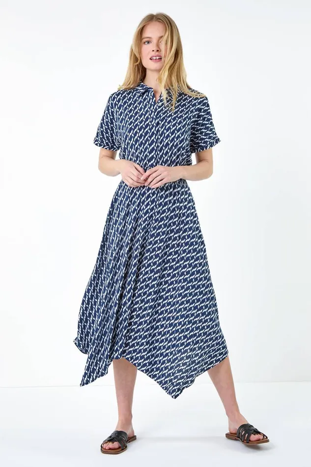 Navy Hanky Hem Printed Pocket Shirt Dress Women Roman Dresses