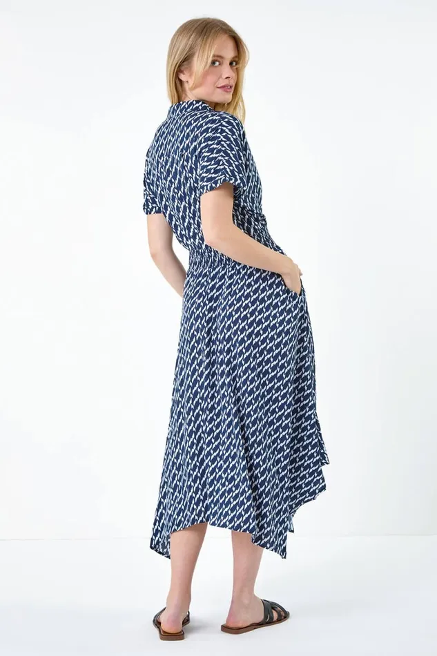 Navy Hanky Hem Printed Pocket Shirt Dress Women Roman Dresses