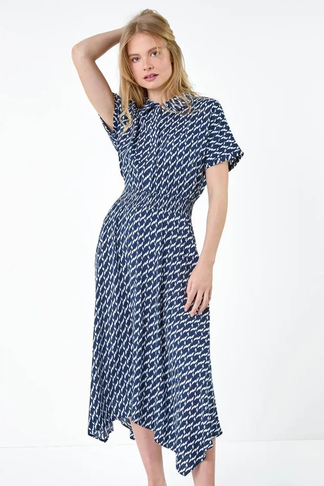 Navy Hanky Hem Printed Pocket Shirt Dress Women Roman Dresses