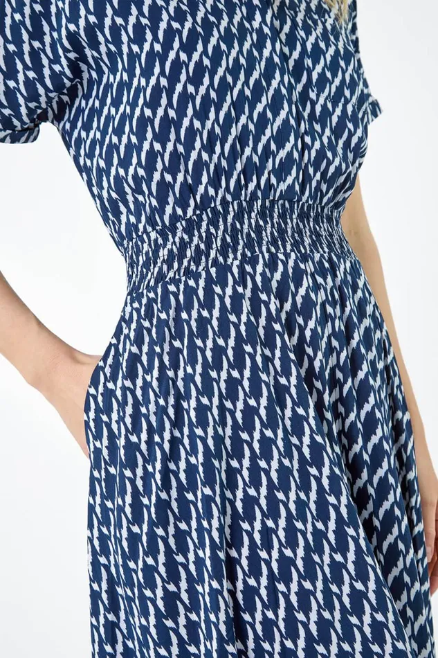 Navy Hanky Hem Printed Pocket Shirt Dress Women Roman Dresses