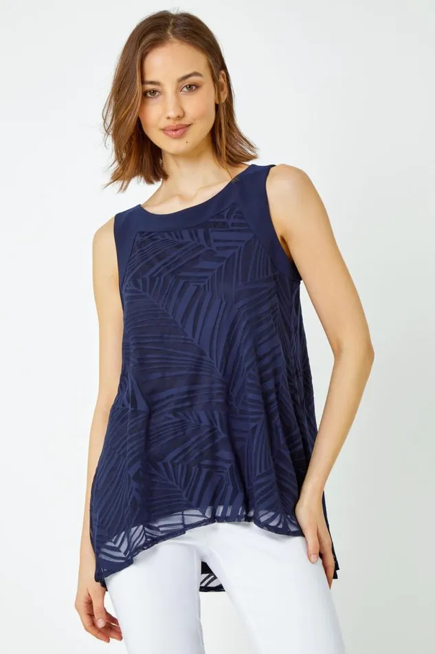 Navy Leaf Print Burnout Vest Top Women Roman Tops