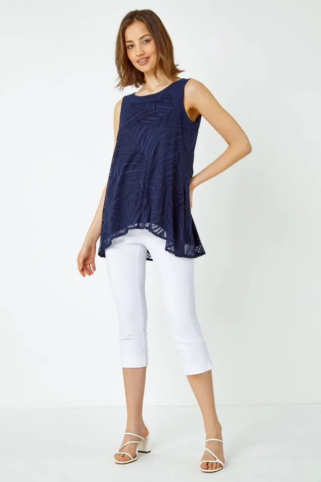 Navy Leaf Print Burnout Vest Top Women Roman Tops