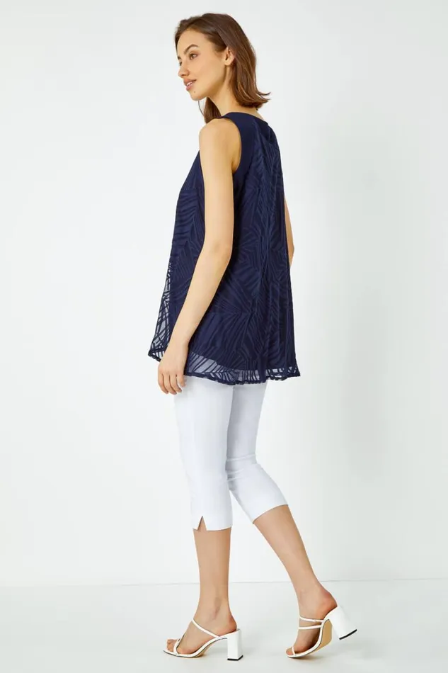 Navy Leaf Print Burnout Vest Top Women Roman Tops
