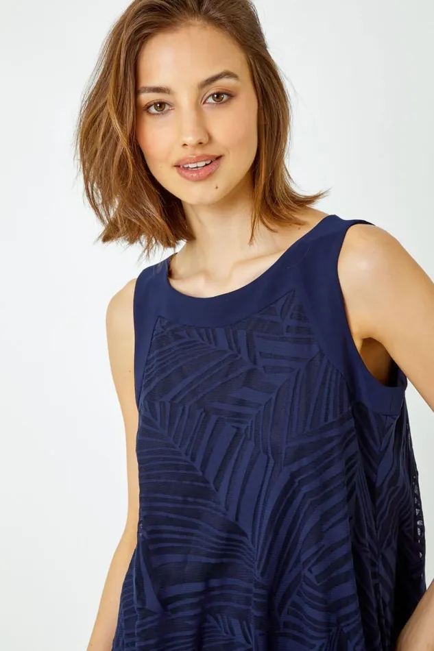 Navy Leaf Print Burnout Vest Top Women Roman Tops