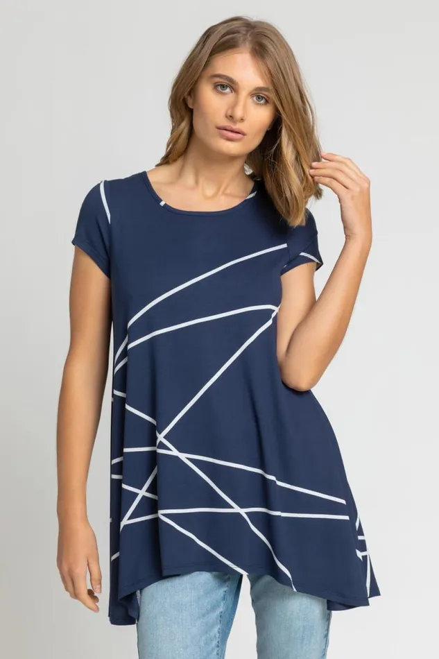 Navy Linear Print Hanky Hem Top Women Roman Tops