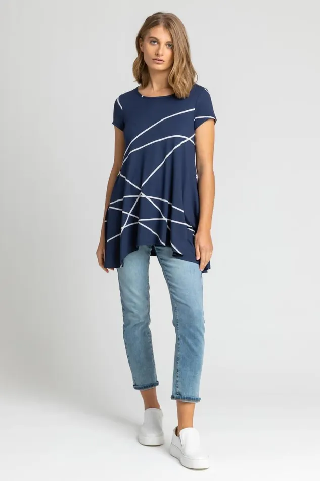 Navy Linear Print Hanky Hem Top Women Roman Tops