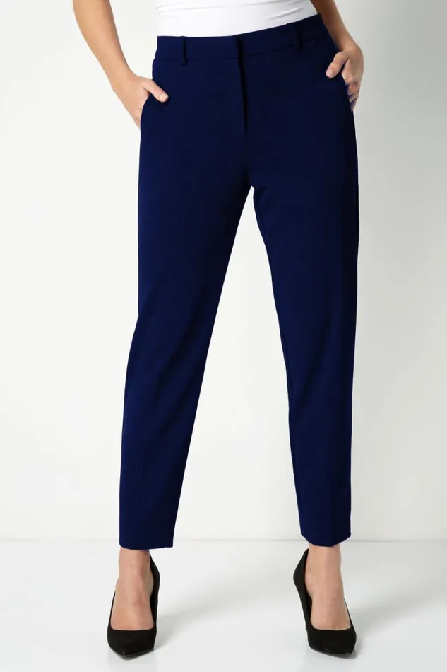 Navy Long Straight Leg Stretch Trouser Women Roman Trousers
