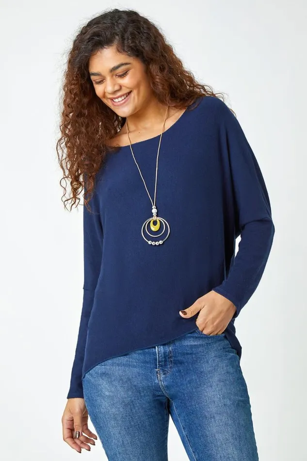 Navy Necklace Detail Stretch Knit Top Women Roman Tops
