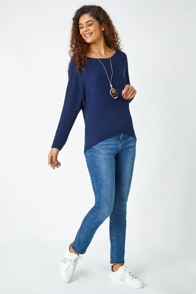 Navy Necklace Detail Stretch Knit Top Women Roman Tops