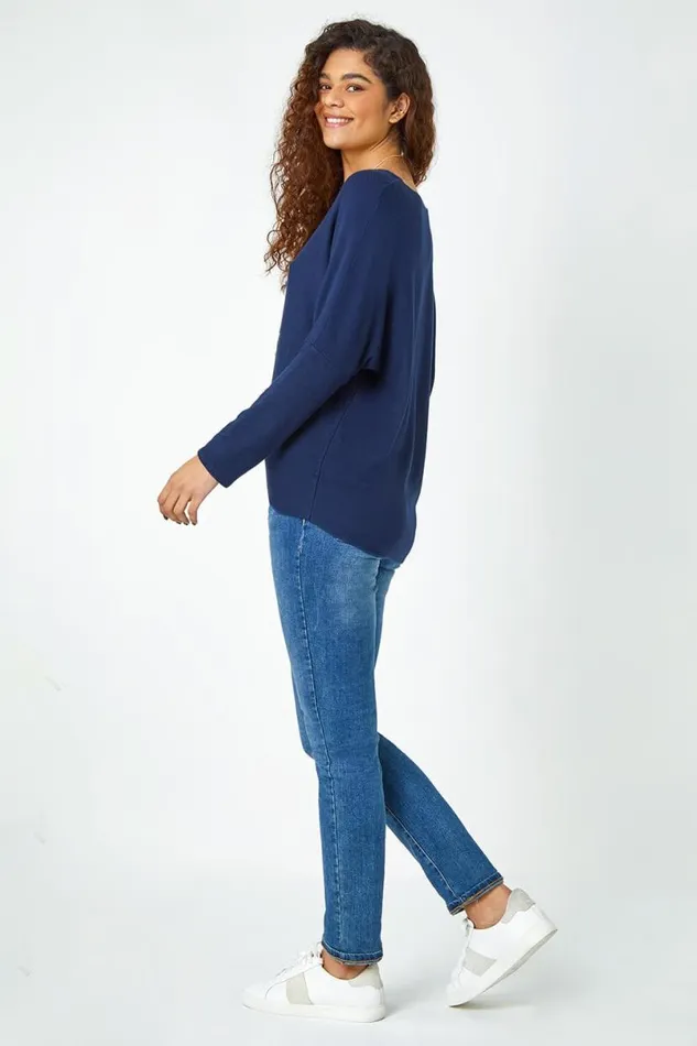 Navy Necklace Detail Stretch Knit Top Women Roman Tops