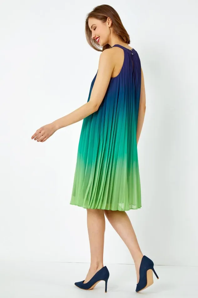 Navy Ombre Halter Neck Pleated Chiffon Swing Dress Women Roman Dresses