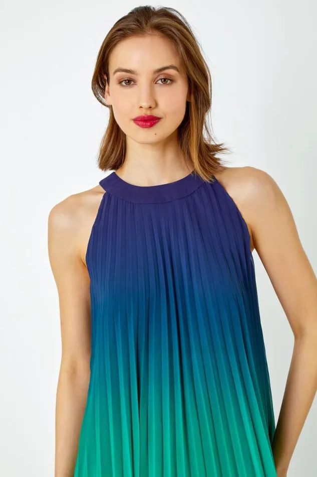 Navy Ombre Halter Neck Pleated Chiffon Swing Dress Women Roman Dresses