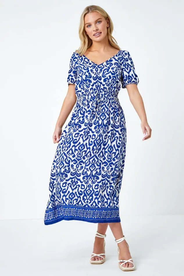 Navy Petite Aztec Print Mock Wrap Midi Dress Women Roman Dresses