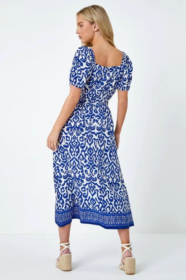 Navy Petite Aztec Print Mock Wrap Midi Dress Women Roman Dresses