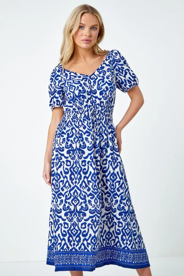 Navy Petite Aztec Print Mock Wrap Midi Dress Women Roman Dresses
